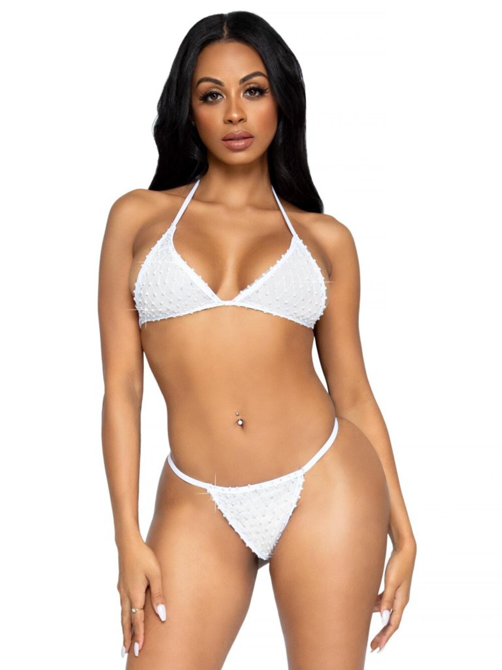 Leg Avenue 2 Pc Tempest Rhinestone Bikini Set with Mesh Top G-String Bottoms
